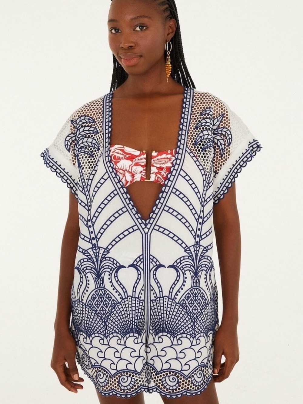 FARM Rio White Tunic with Navy Embroidered Palm Motif - Picture 5 of 6